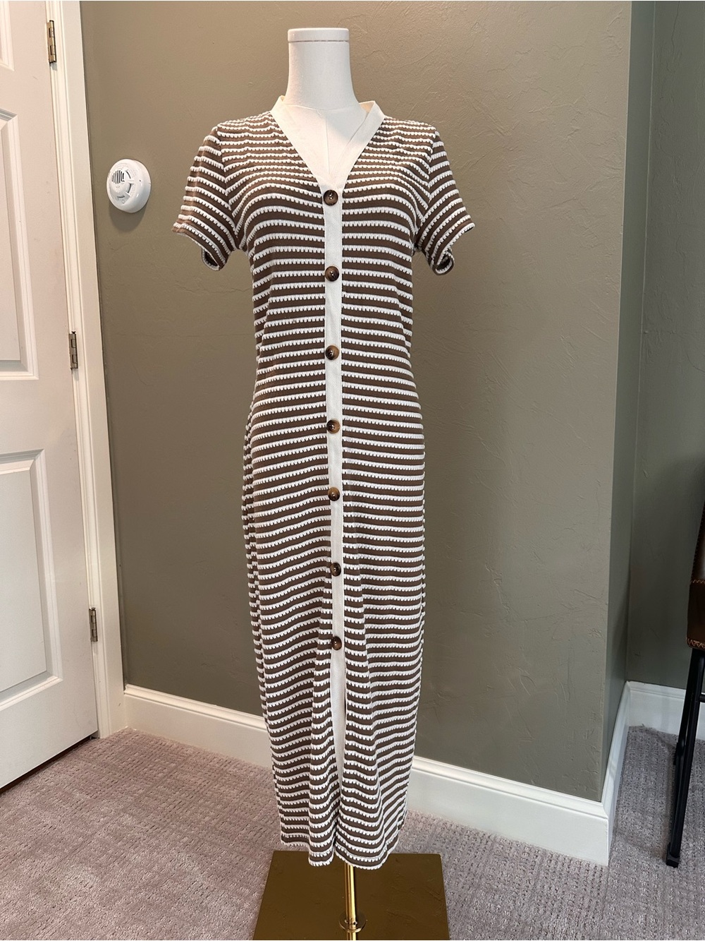 Striped Button-Front Knit Dress - Brown & White